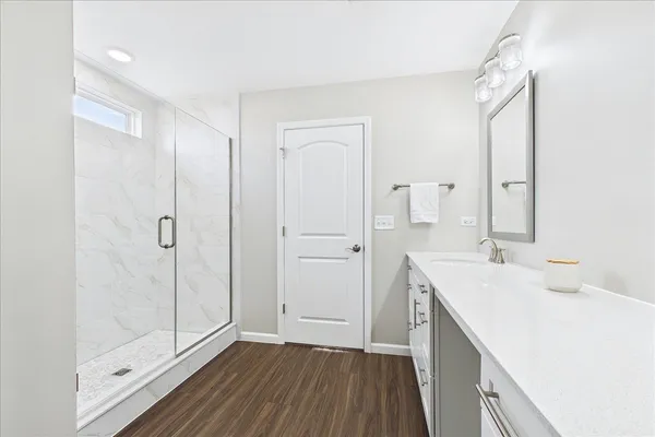a bathroom with a sink a mirror and a shower