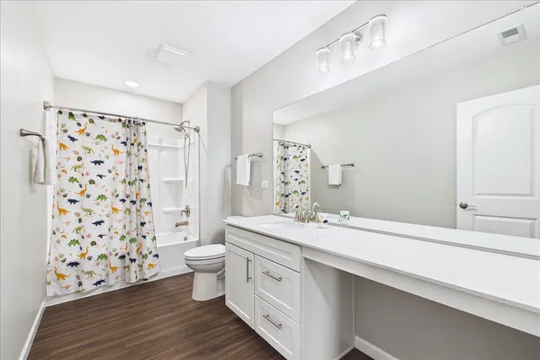 a bathroom with a sink a toilet a shower and a mirror