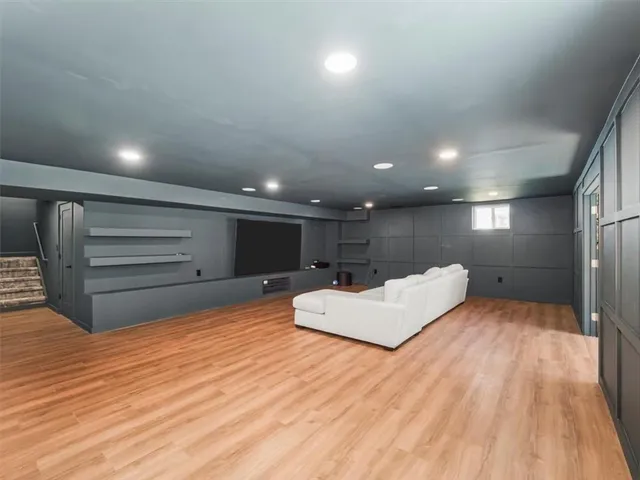 a large room with a bed