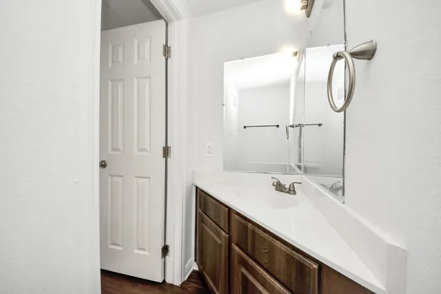 a bathroom with a sink vanity and a mirror