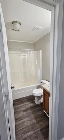 a bathroom with a shower and a toilet