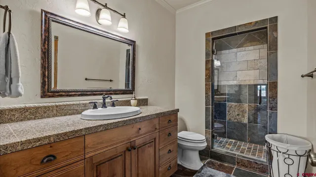 a bathroom with a granite countertop toilet a sink and a mirror