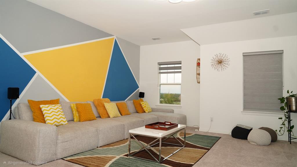 502 Virginia Way Princeton, TX 75407 - Photo 6 of 9 Living area featuring a geometric accent wall with blue, yellow, and gray tones