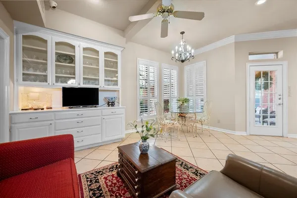 a view of a dining room with furniture