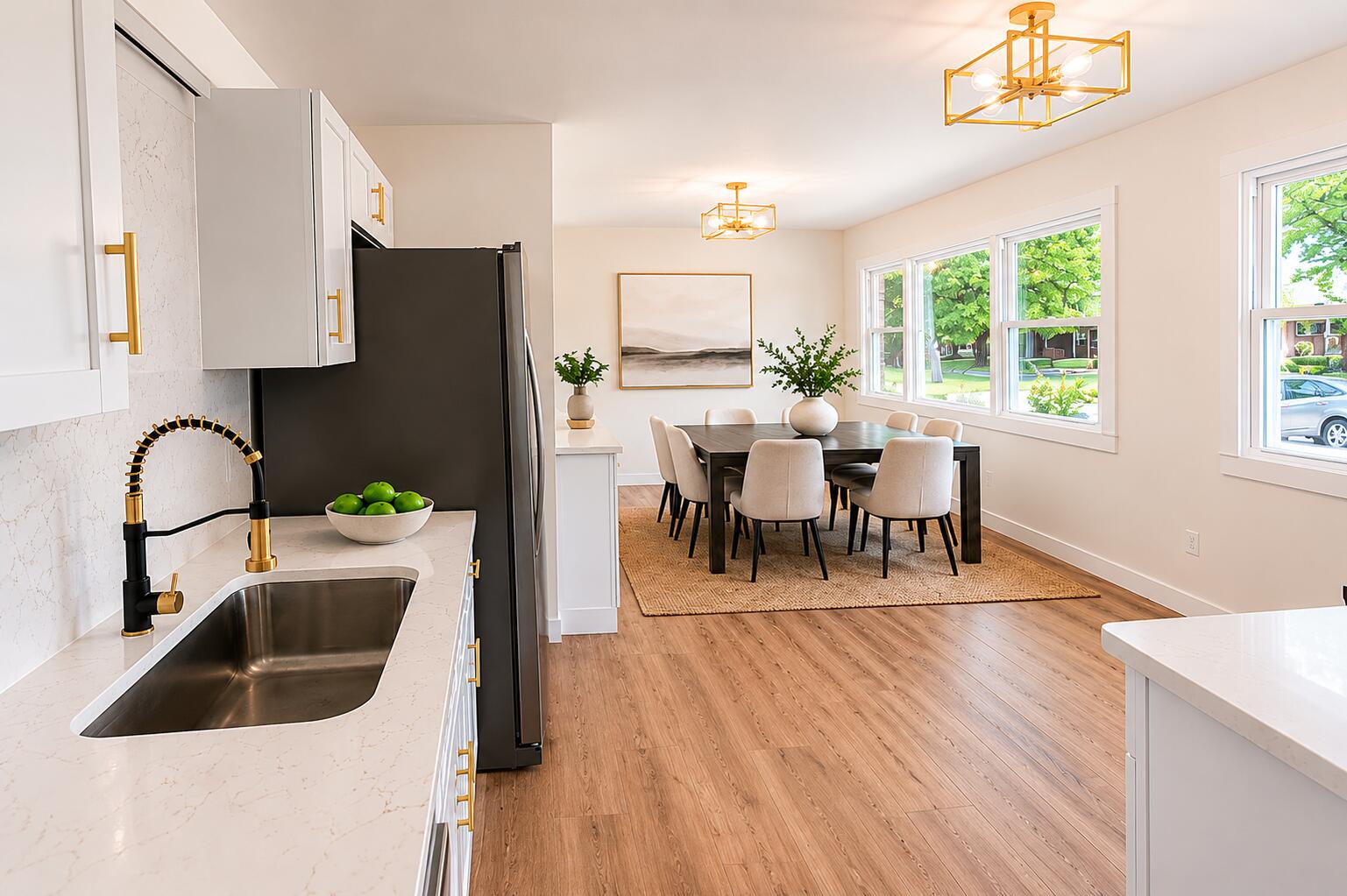 414 Holly Road Michigan City, IN 46360 - Photo 15 of 41 a kitchen with stainless steel appliances granite countertop a table chairs and a wooden floor