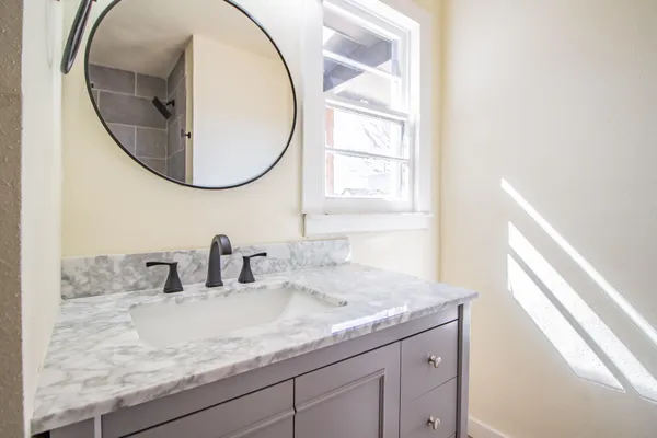a bathroom with a bathtub