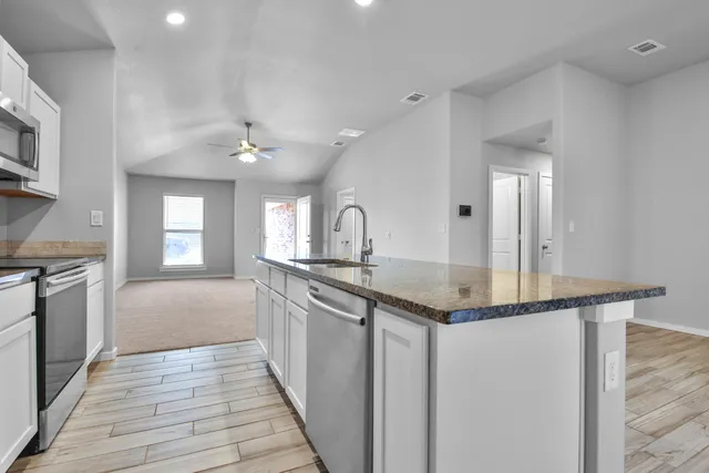 a kitchen with granite countertop a sink cabinets and stainless steel appliances