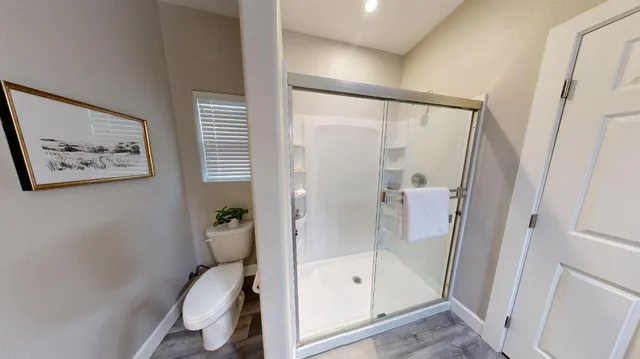a bathroom with a shower and a toilet