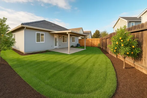 a view of a house with a yard and sitting area