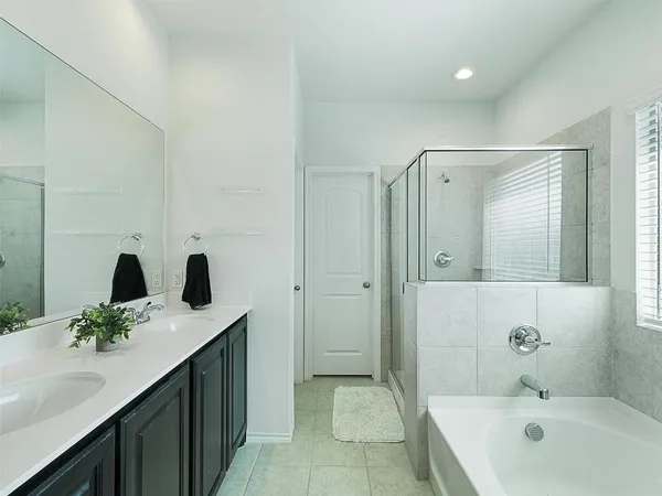 a bathroom with a tub sink and mirror