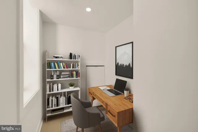 a workspace with a bookshelf