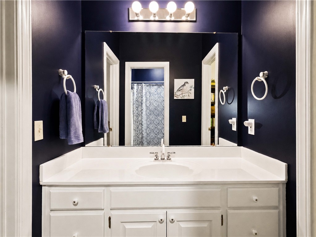 2861 Fairview Road Simpsonville, SC 29680 - Photo 24 of 42 Richly toned walls contrast beautifully with a clean white vanity and integrated sink basin.