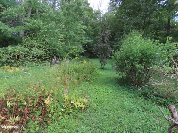 a view of a yard with wooden fence