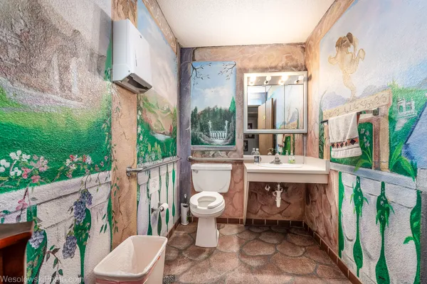 a bathroom with a sink a toilet and a mirror