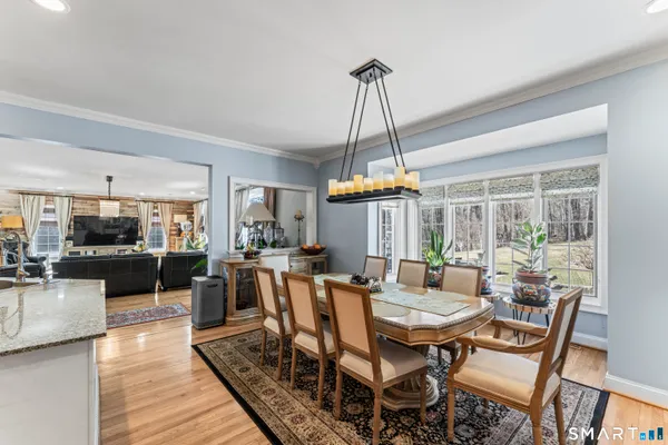 a view of a dining room with furniture window and wooden floor