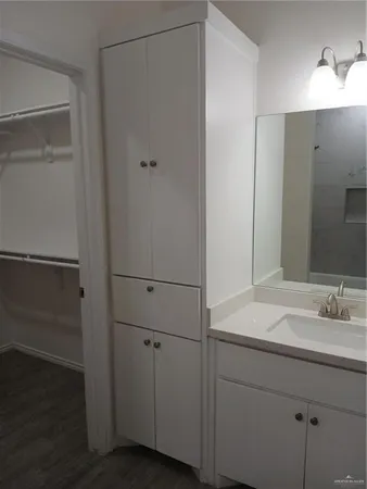 a bathroom with a sink and a mirror