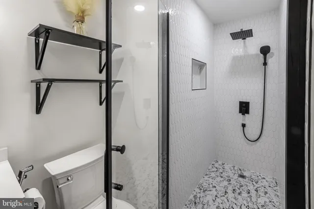 a bathroom with a shower and a toilet