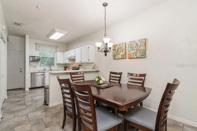 a view of a dining room with furniture