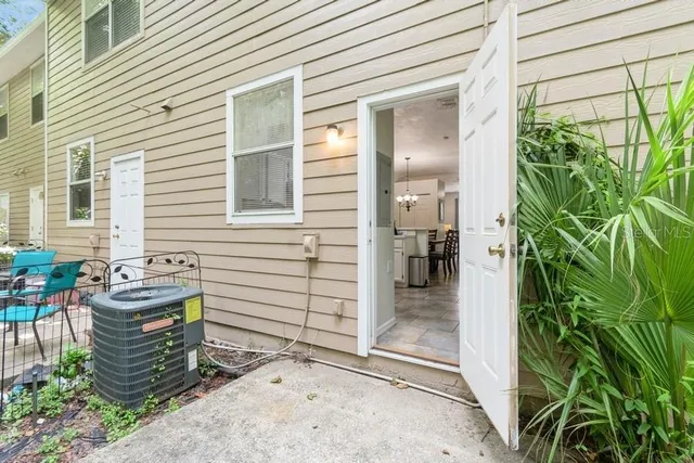 a porch with seating space