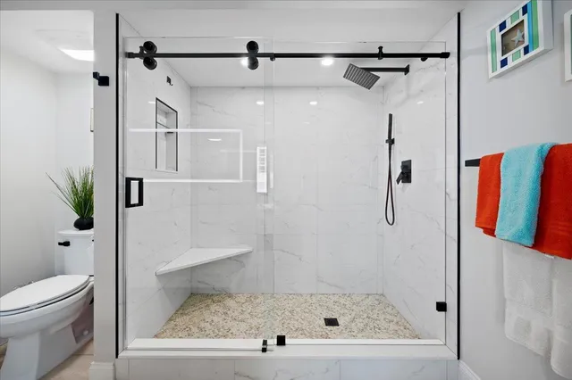 a bathroom with a shower and toilet
