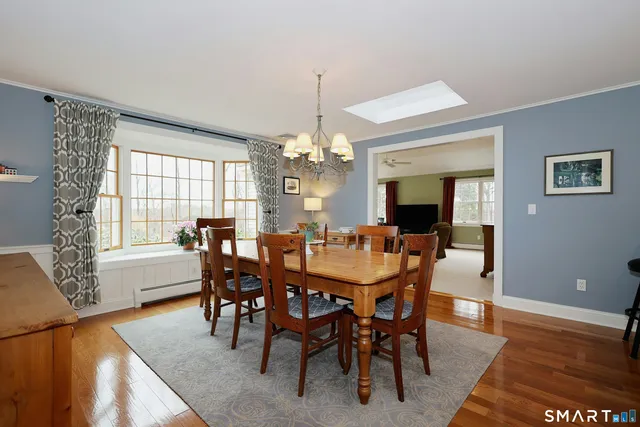 a view of a dining room with furniture window and wooden floor