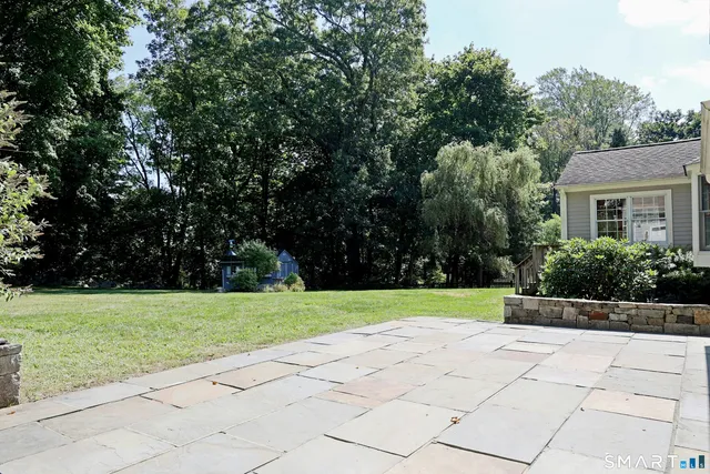 a view of a garden with large trees