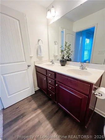 a bathroom with a sink a mirror and a shower