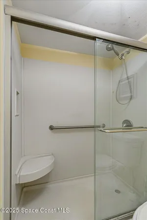 a bathroom with a shower and a toilet