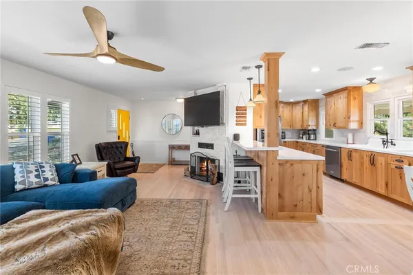 a living room with furniture and a table