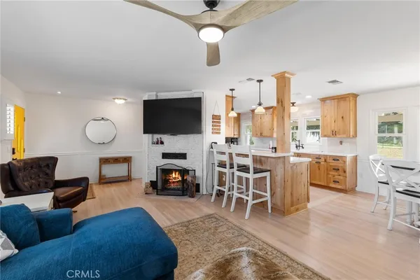a living room with furniture a ceiling fan and a rug