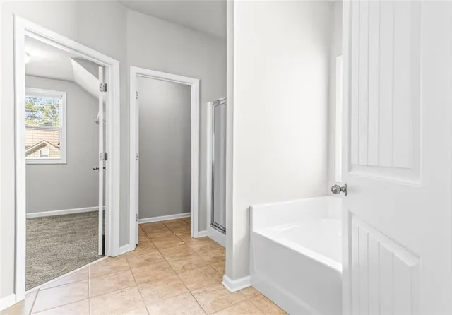 a bathroom with a bathtub and shower