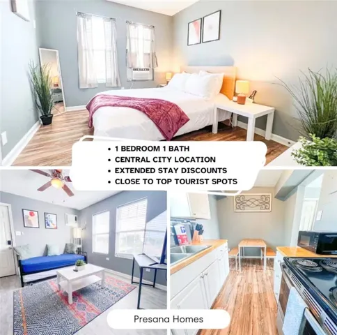 a bedroom with a bed and a potted plant