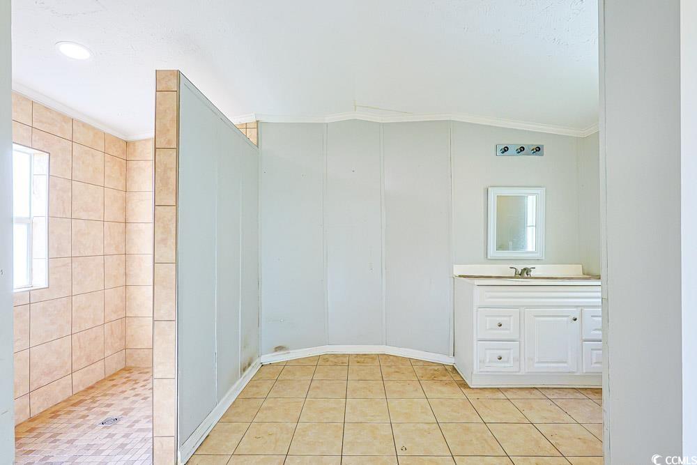 175 Darlene Drive Myrtle Beach, SC 29588 - Photo 14 of 31 Bathroom with crown molding, vanity, a walk in shower, and light tile patterned floors