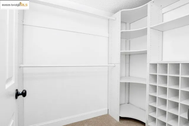 a view of walk in closet with empty racks