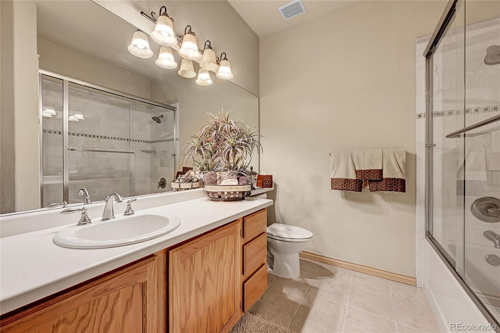 11232 West Cooper Drive Littleton, CO 80127 - Photo 25 of 48 a bathroom with a sink a toilet a mirror and shower