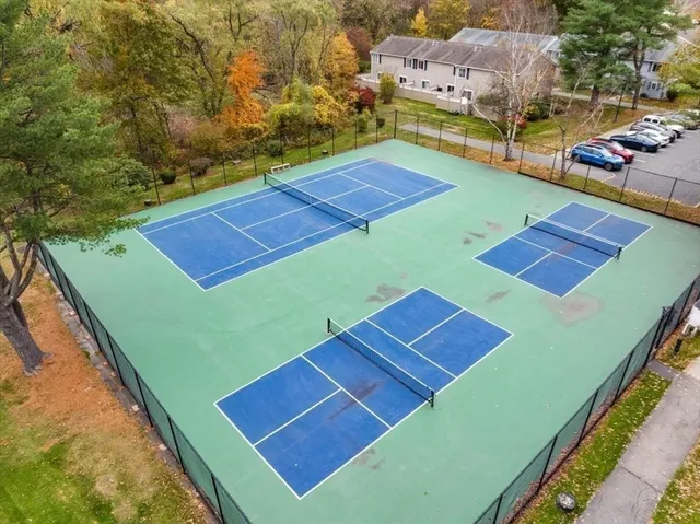 a view of a tennis ground with large trees