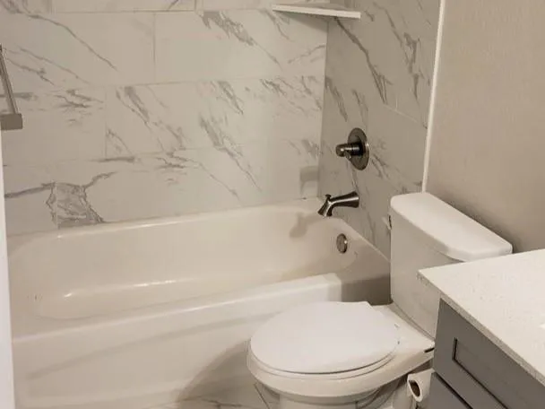 a white toilet sitting next to a bath tub