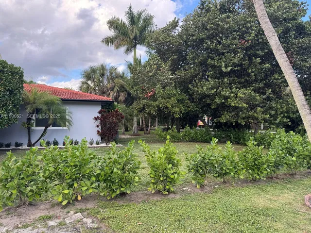 a view of a house with a yard and potted plants