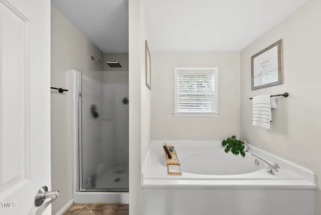 a bathroom with a bathtub and a shower