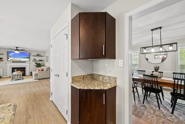 a view of a kitchen and dining room