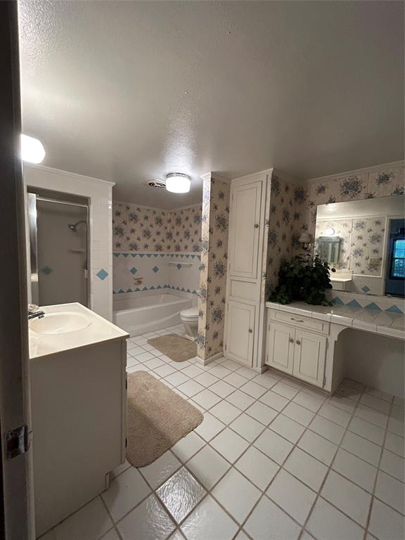 241 Aurora Street Rhome, TX 76078 - Photo 15 of 28 Master bathroom with linen closet, separate sink separate shower and bathtub. Linen closet and large vanity.