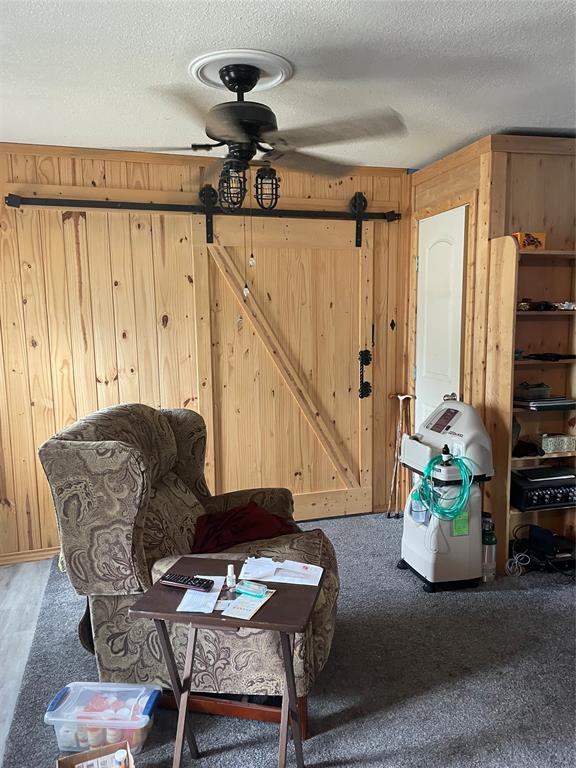 241 Aurora Street Rhome, TX 76078 - Photo 26 of 28 Sitting room featuring wood walls, a ceiling fan, a textured ceiling, and carpet