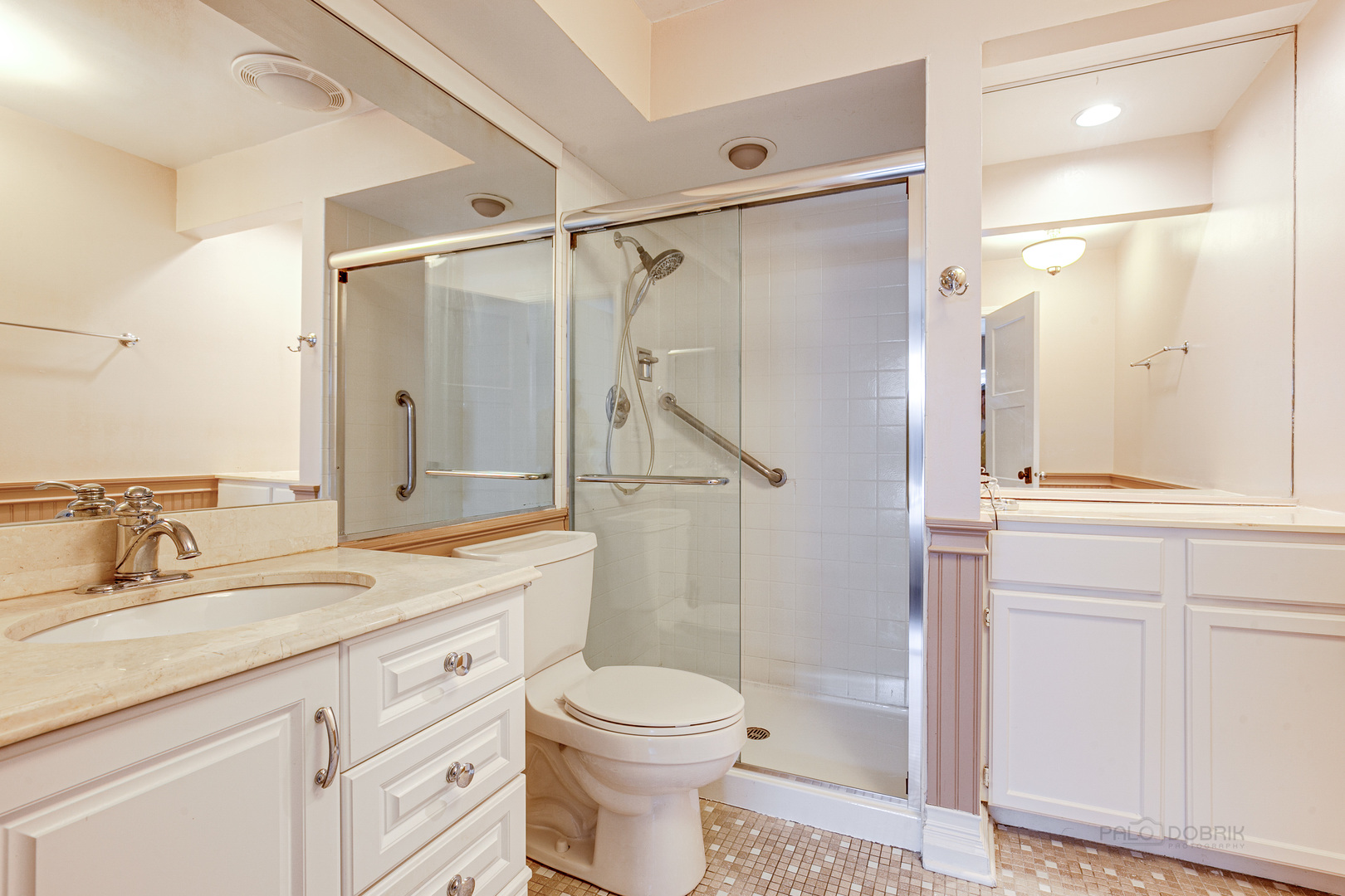 2300 Windsor Mall, Unit 2E Park Ridge, IL 60068 - Photo 18 of 23 a bathroom with a granite countertop sink toilet and shower