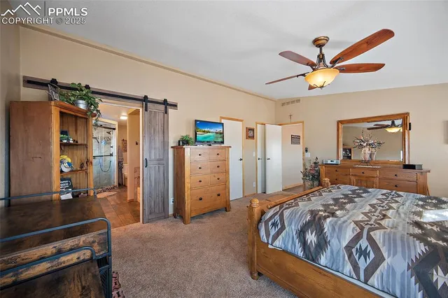 a bed room with a bed and a ceiling fan