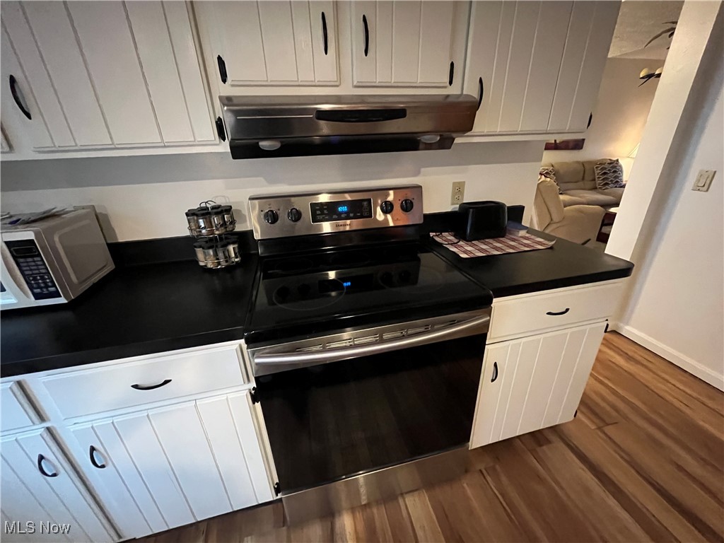1455 Welch Road Painesville, OH 44077 - Photo 11 of 42 Kitchen with dark countertops, stainless steel appliances, white cabinets, dark wood-style floors, and ventilation hood
