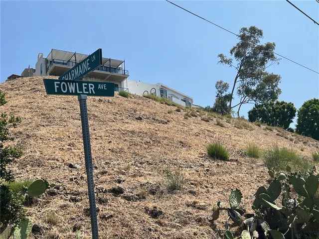 a view of a dry yard with mountains in the background