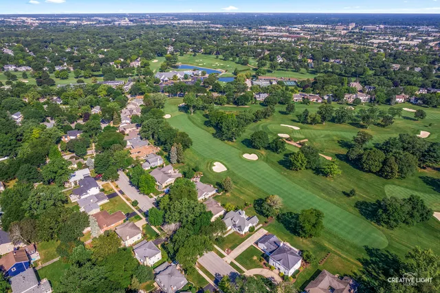 an aerial view of residential houses with outdoor space and trees