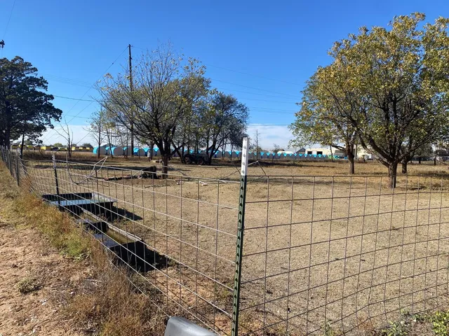 a view of a yard with wooden fence