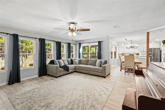 a living room with furniture and a large window
