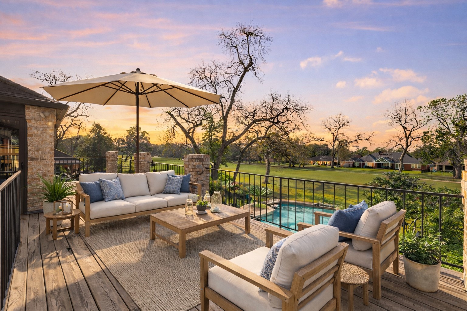 3122 Robinson Road Missouri City, TX 77459 - Photo 42 of 45 Virtual Staging - Balcony: Enjoy golden hour from your expansive balcony, offering a front-row seat to spectacular sunsets and unrivaled views of the pool and golf course.